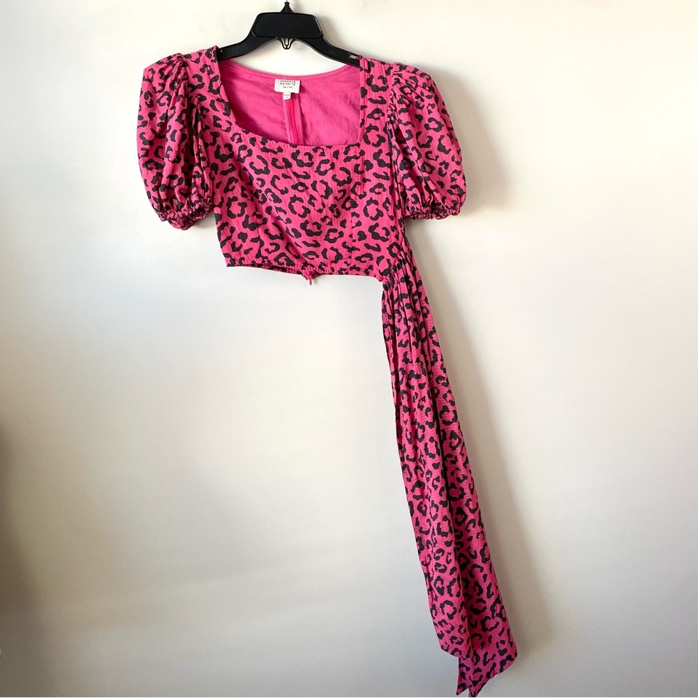 Hemant &‎ Nandita Puff Sleeve Crop Top Side Sash Pink Leopard Print XS - Picture 2 of 9